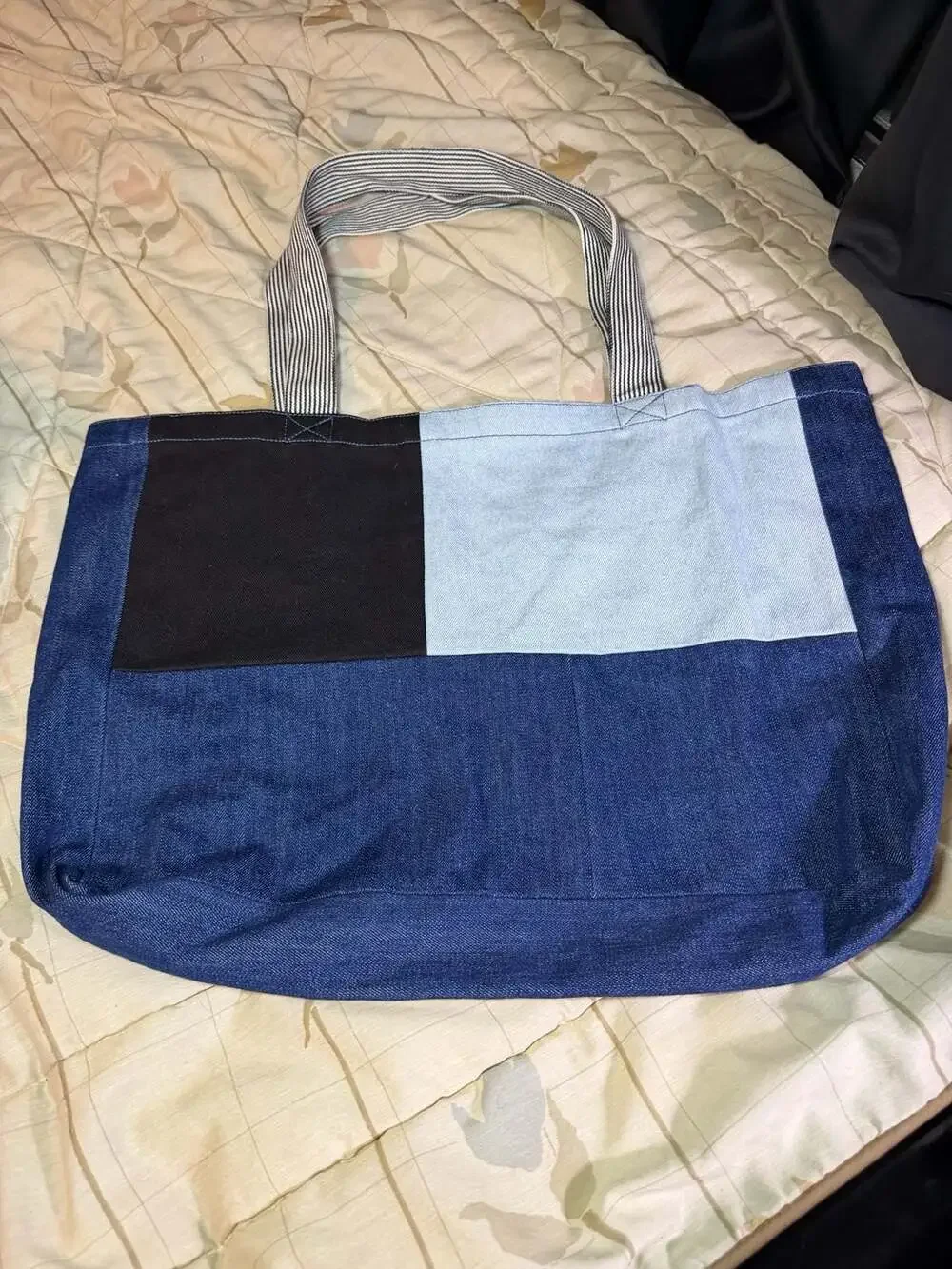 Frank And Oak Colorblock Denim Patchwork Tote Bag with Striped Handles
